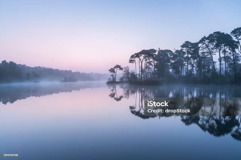 ruhiger nebellicher Sonnenaufgang über einem See, niederländische Landschaft blaue Stunde - Lizenzfrei Natur Stock-Foto