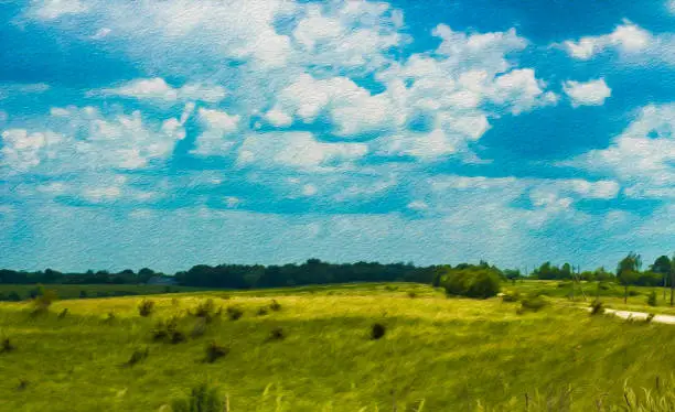 Photo of summer field landscape and sky clouds in the sky spring oil paint