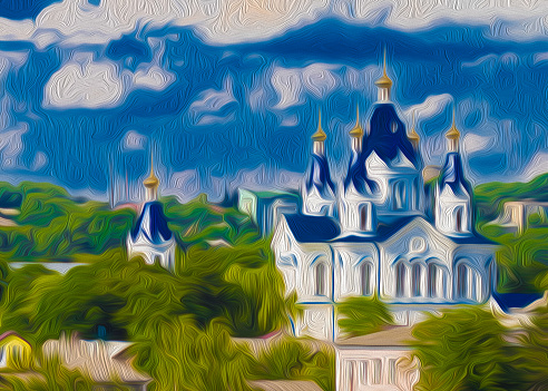 filter oil paint beautiful landscape with church spring green trees blue domes summer easter