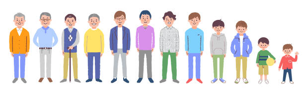 Men of various generations whole body set An illustration, child, middle age,  elderly,  person, family full length illustrations stock illustrations