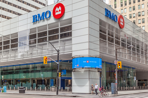 Toronto, Canada - June 18, 2017: BMO (Bank of Montreal) main branch in Toronto’s financial district Toronto, Ontario.