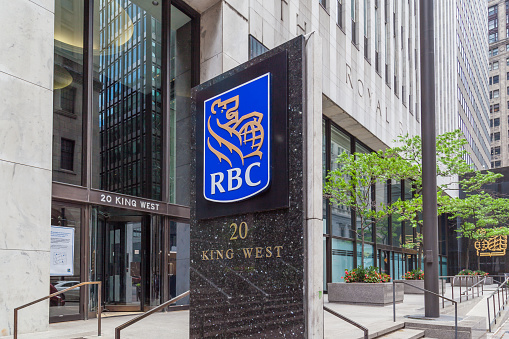 Toronto, Canada - June18, 2017: Sign of RBC (Royal Bank of Canada) in Toronto’s financial district Toronto, Ontario.