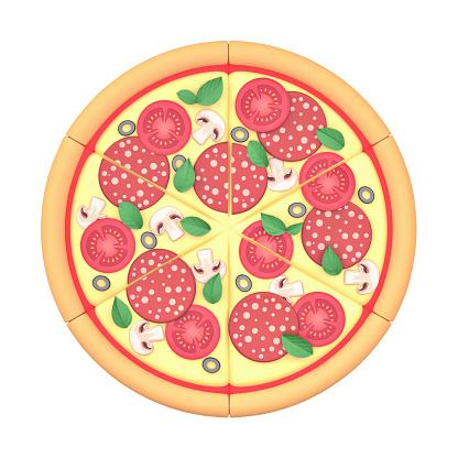 Sliced pizza with pepperoni, cheese, tomatoes, mushrooms, olives and basil isolated on white. Top view. 3D rendering with clipping path