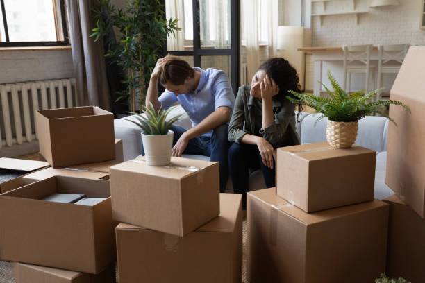 Unhappy frustrated couple sitting on couch with cardboard boxes, eviction Unhappy frustrated couple sitting on couch with cardboard boxes, eviction, family having problem with dwelling, money or mortgage, worried woman and man lost home, bankruptcy or debt concept tenant stock pictures, royalty-free photos & images