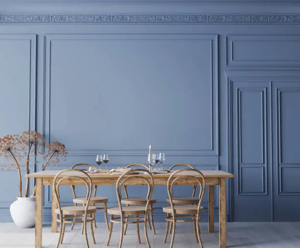 Photo of Empty wall mockup In blue classic dining room, cozy and minimal interior design
