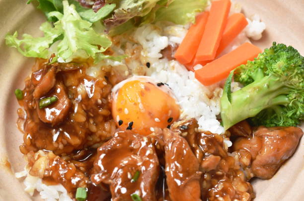 istock roasted chicken dressing Teriyaki Japanese sauce on rice with boiled egg and vegetable 1314188751