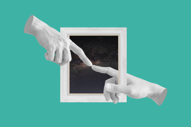 istock Digital collage modern art. Hands, pointing finger through out of picture frame 1314188799