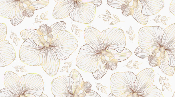 ilustrações de stock, clip art, desenhos animados e ícones de luxury orchid seamless pattern background vector. golden orchid line arts design for wedding, backdrop, wallpaper, banner, card, cover, texture. vector illustration - invitation love shape botany