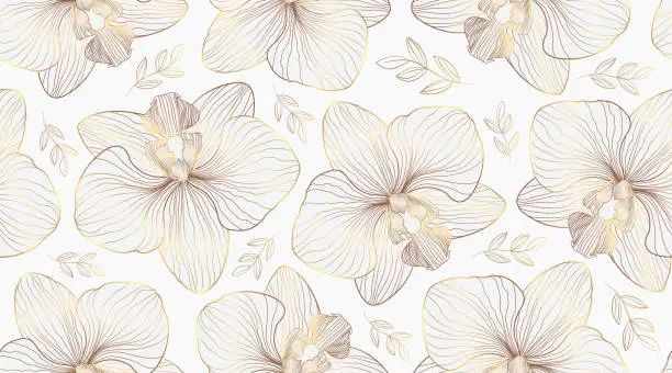 Vector illustration of Luxury orchid seamless pattern background vector. Golden orchid line arts design for wedding, backdrop, wallpaper, banner, card, cover, texture. Vector illustration
