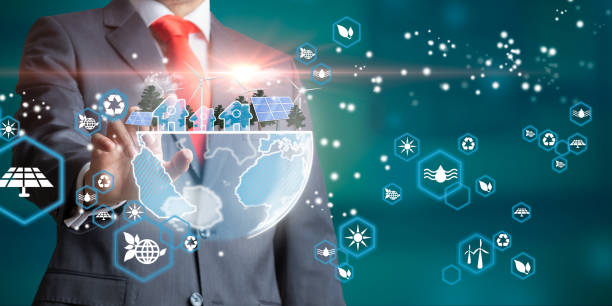 istock Businessman with blue planet. Renewable energy and efficency concept. 3D rendering. Environmental biodiversity. 1314190332