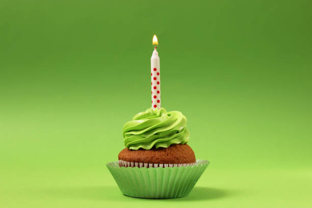 istock Delicious cupcake with a candle on a colored background with space for text. 1314190547