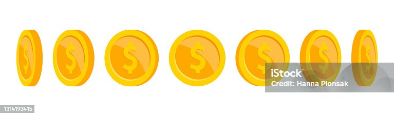 istock Gold coins animation. Coin rotation at different angles. Golden coins of different shapes. Falling or flying coin with dollar sign. Money jackpot, casino. Vector illustration. 1314193415