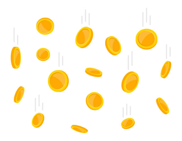 ilustrações de stock, clip art, desenhos animados e ícones de coins falling from above. flying gold coins in flat style. money rain on white background. casino jackpot. vector illustration. - chocolate coins