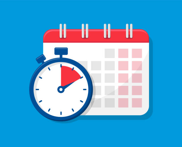 캘린더 및 스톱워치 플랫 아이콘. 일정, 시간 약속 및 계획. 주최자 아이콘입니다. 벡터 그림입니다. - calendar personal organizer clock diary stock illustrations