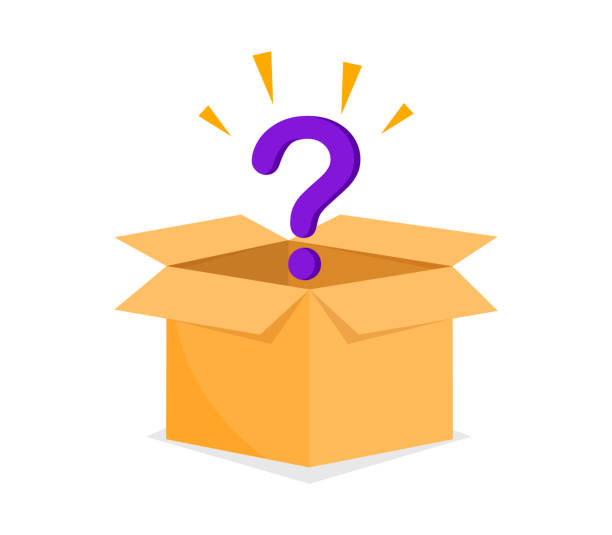 Mystery box concept. Opened cardboard box with a question mark. Box with surprise inside. Vector illustration. Mystery box concept. Opened cardboard box with a question mark. Box with surprise inside. Vector illustration. riddle stock illustrations