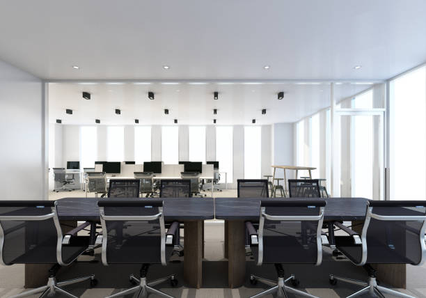 istock Working area in modern office with carpet floor and meeting room. interior 3d rendering 1314195743