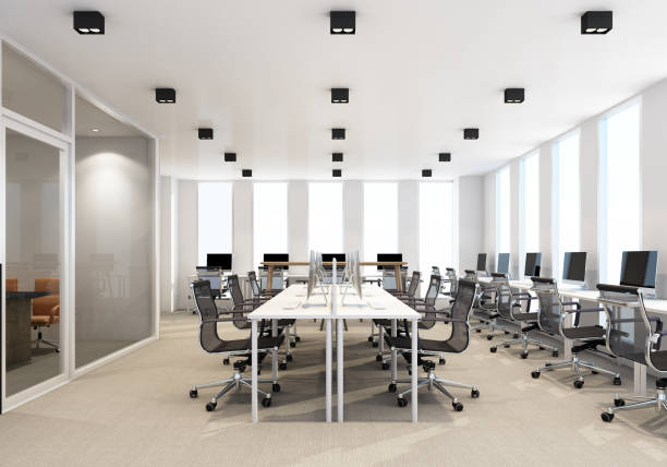 istock Working area in modern office with carpet floor and meeting room. interior 3d rendering 1314195747