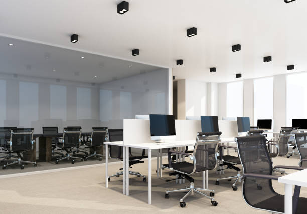 istock Working area in modern office with carpet floor and meeting room. interior 3d rendering 1314195749