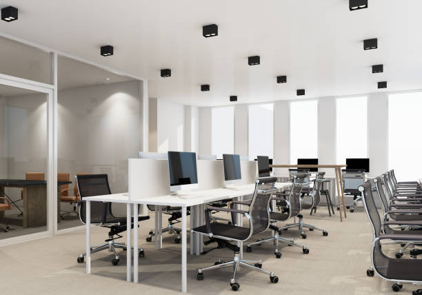 istock Working area in modern office with carpet floor and meeting room. interior 3d rendering 1314195750