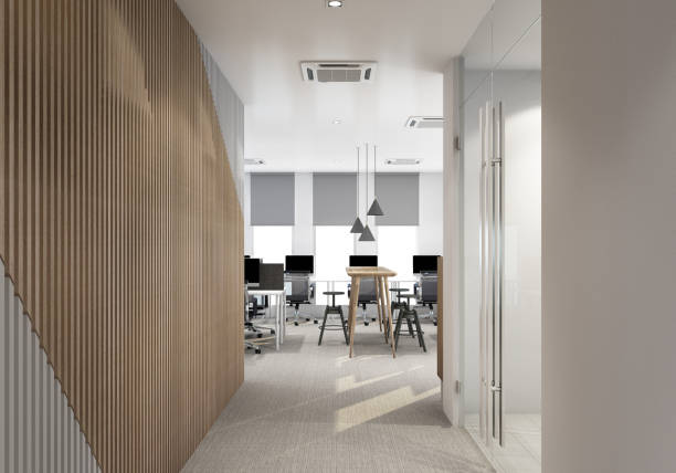istock Main entrance in modern office with carpet floor and working area interior 3d rendering 1314195751
