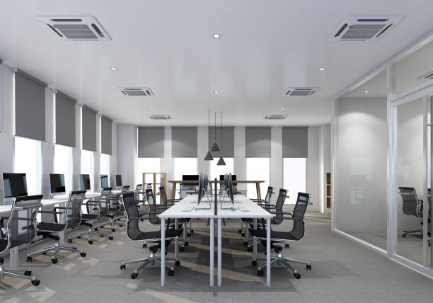 istock Working area in modern office with carpet floor and meeting room. interior 3d rendering 1314195752