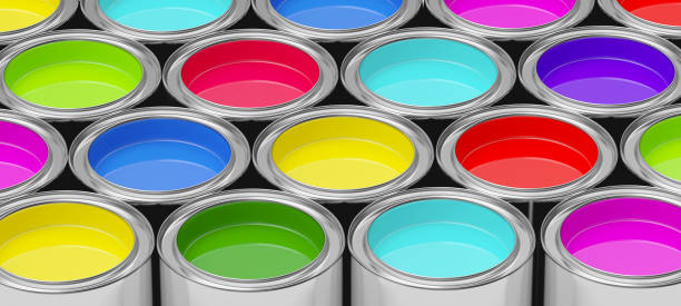 istock Colorful rows of open metal paint cans. 1314195990