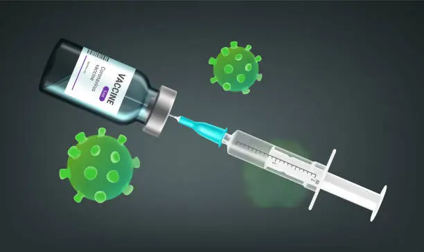 Vector illustration of Vaccine versus coved-19 concept. Syringe with vaccine vial and coronavirus molecules