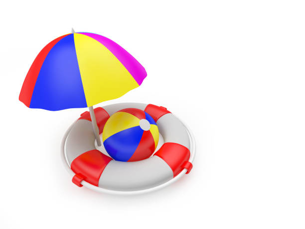istock Beach umbrella and ball in a lifebuoy 1314197468