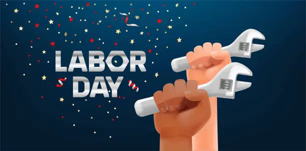 Vector illustration of Labor day horizontal greeting card. Men hands with metal wrench