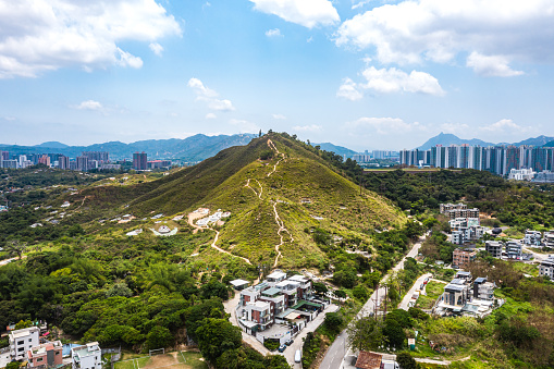 High angle view of village and farmland in Hong Kong