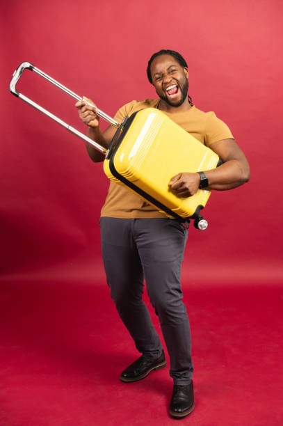 istock Cheerful African-American guy with suitcase isolated on red 1314206638