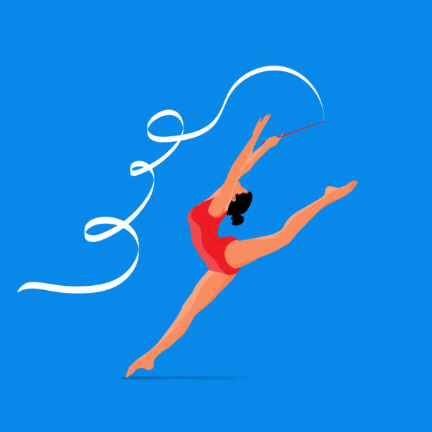Woman performing rhythmic gymnastics with a ribbon ,isolated on blue background. High detailed and abstract vector illustration . gymnastics stock illustrations