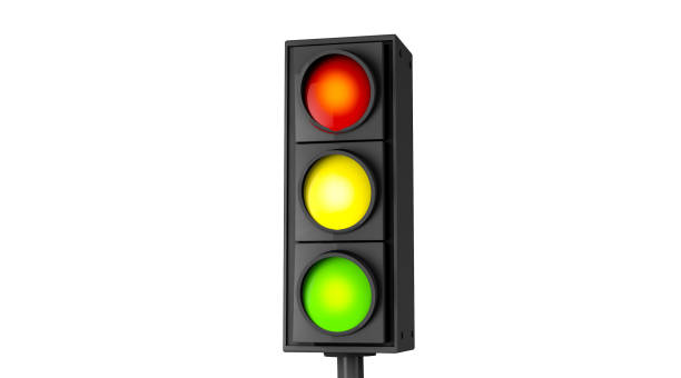 istock Close up green, yellow and red traffic lights in side view. 1314207042