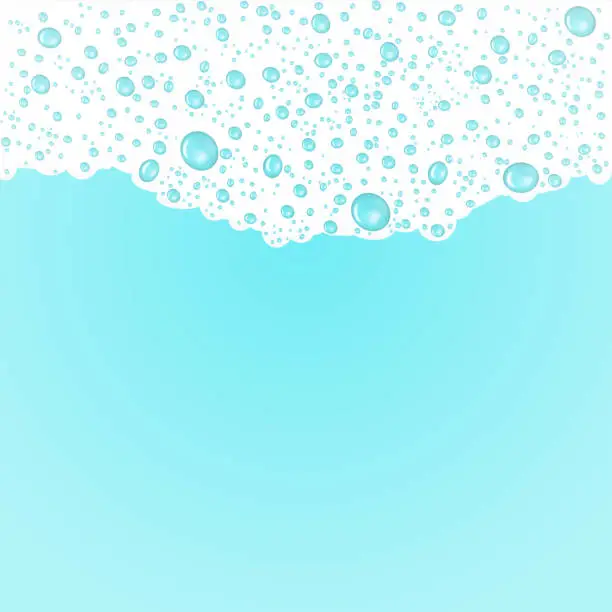 Vector illustration of White bath foam with clear bubbles on blue background. Soap lather border pattern. Vector illustration. Template for design