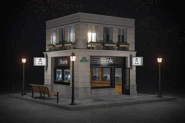 bank branch office building at night. - night deposit box imagens e fotografias de stock