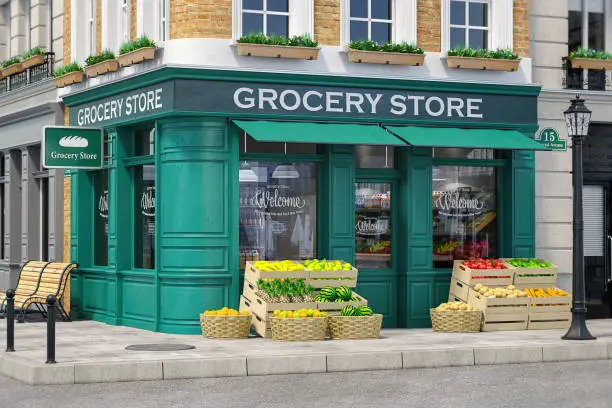 Photo of Grocery store shop in vintage style with fruit and vegetables crates on the street.