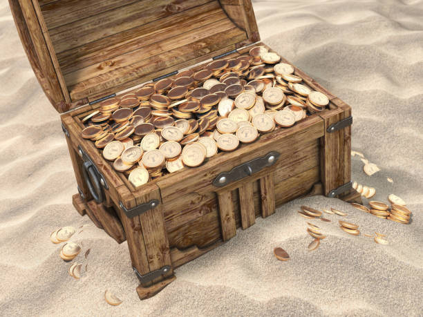 Open treasure chest full of golden coins on sandy beach. Wealth and treasure concept. Open treasure chest full of golden coins on sandy beach. Wealth and treasure concept. 3d illustration buried stock pictures, royalty-free photos & images