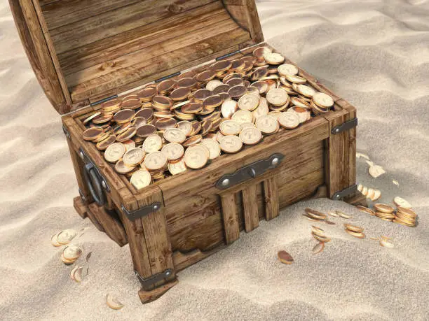 Open treasure chest full of golden coins on sandy beach. Wealth and treasure concept. 3d illustration