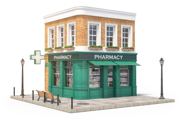 Pharmacy or drug store building exterior isolated on white background.