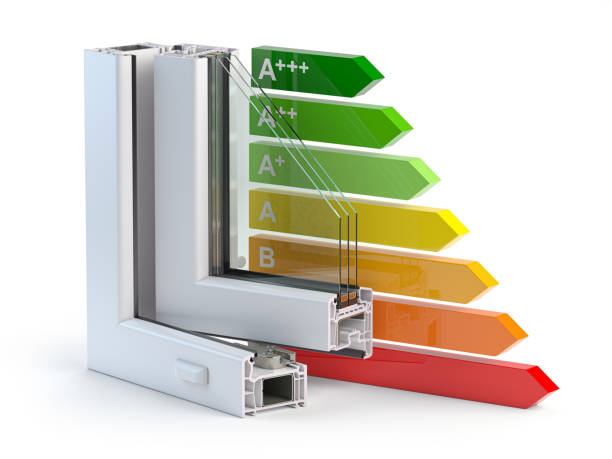 пластиковые окна профиля пвх и энергоэффективности диаграммы изолированы на белом. - energy efficiency rating стоковые фото и изображения