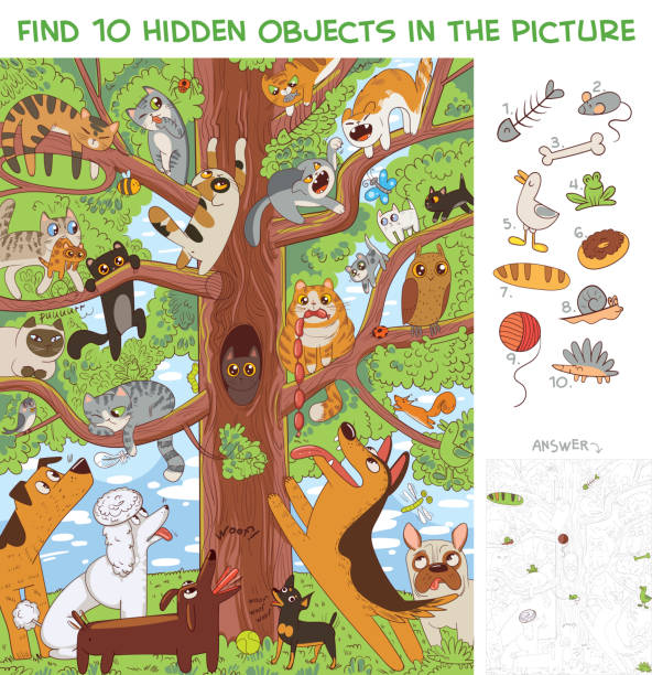 Cats are sitting on a tree. Find 10 hidden objects vector art illustration