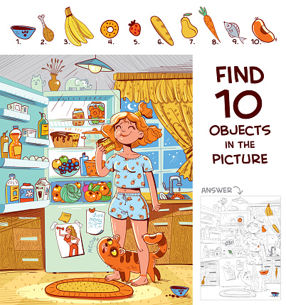 Find 10 objects in the picture. Puzzle Hidden Items. Girl in pajamas eating a piece of cake near the refrigerator. Funny cartoon character