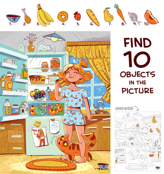 Find 10 objects in the picture. Girl eating a piece of cake Find 10 objects in the picture. Puzzle Hidden Items. Girl in pajamas eating a piece of cake near the refrigerator. Funny cartoon character brain eater stock illustrations