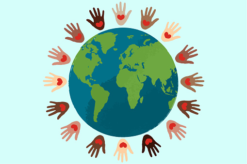 Vector illustration of multi ethnic palms of a hands with heart shapes on it around the Earth