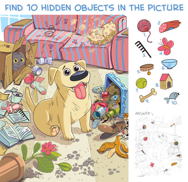 illustrations, cliparts, dessins animés et icônes de pet a fait un gâchis dans la maison. trouver 10 objets cachés - hiding