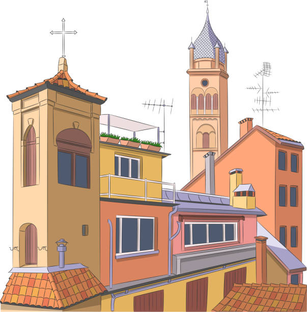 illustrazioni stock, clip art, cartoni animati e icone di tendenza di veduta aerea della parte storica di bologna. - bologna