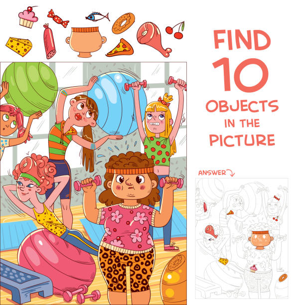 Find 10 objects in the picture. Group of girls are engaged in fitness vector art illustration
