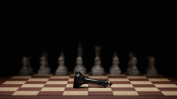 fallen black chess king in front of the white opposing army. defeat, failure, coup concept. digital 3d rendering. - golpe de estado imagens e fotografias de stock