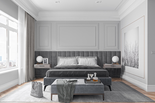 Luxurious modern gray bedroom with city view.\n(The photo on the wall is a 3d rendering I designed.)