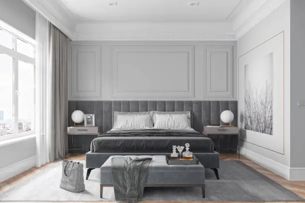 Luxurious modern gray bedroom with city view.
(The photo on the wall is a 3d rendering I designed.)
